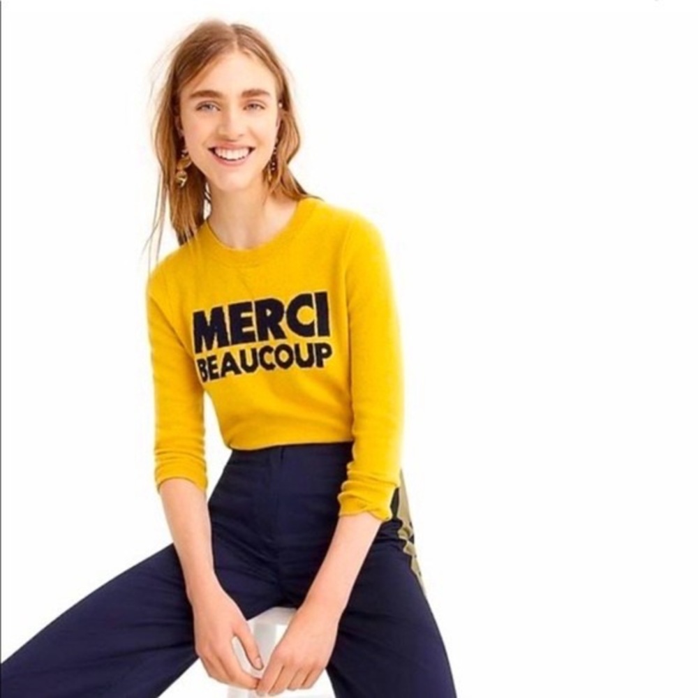 J.Crew Cashmere Crewneck Sweater Merci Beaucoup Rich Gold Small 100% Cashmere S